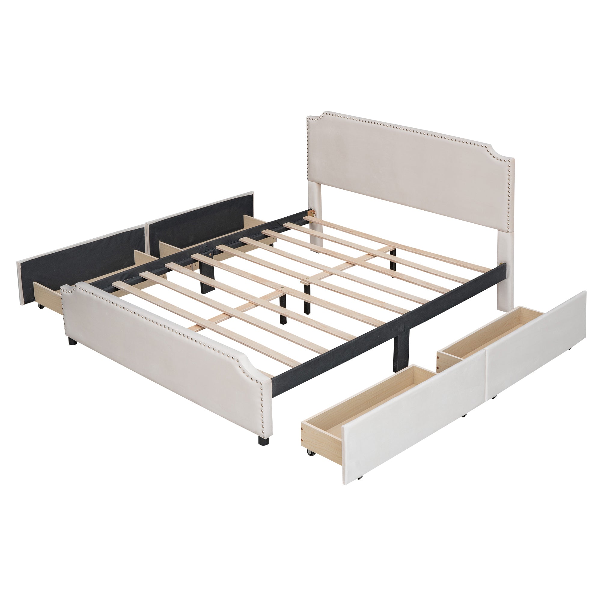 Queen Size Upholstered Platform Bed with Stud Trim Headboard and Footboard and 4 Drawers No Box Spring Needed, Velvet Fabric - Beige