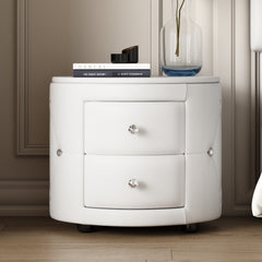Elegant PU Nightstand with 2 Drawers and Crystal Handle, Fully Assembled Except Legs & Handles, Storage Bedside Table - White