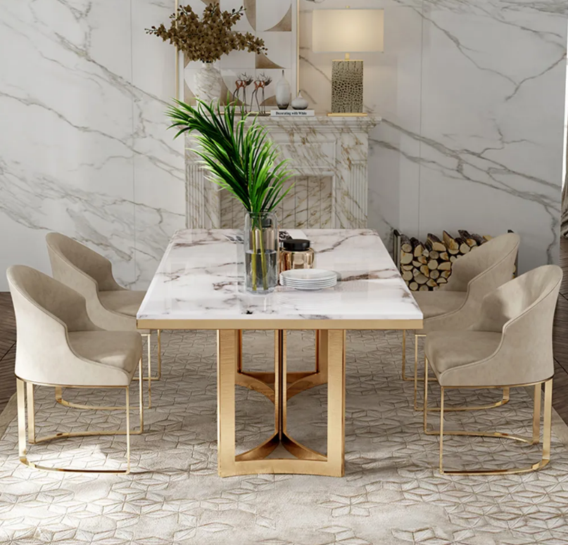 Modern Marble Dining Table with Rectangular Tabletop Gold Stainless Legs (chairs not included) - White