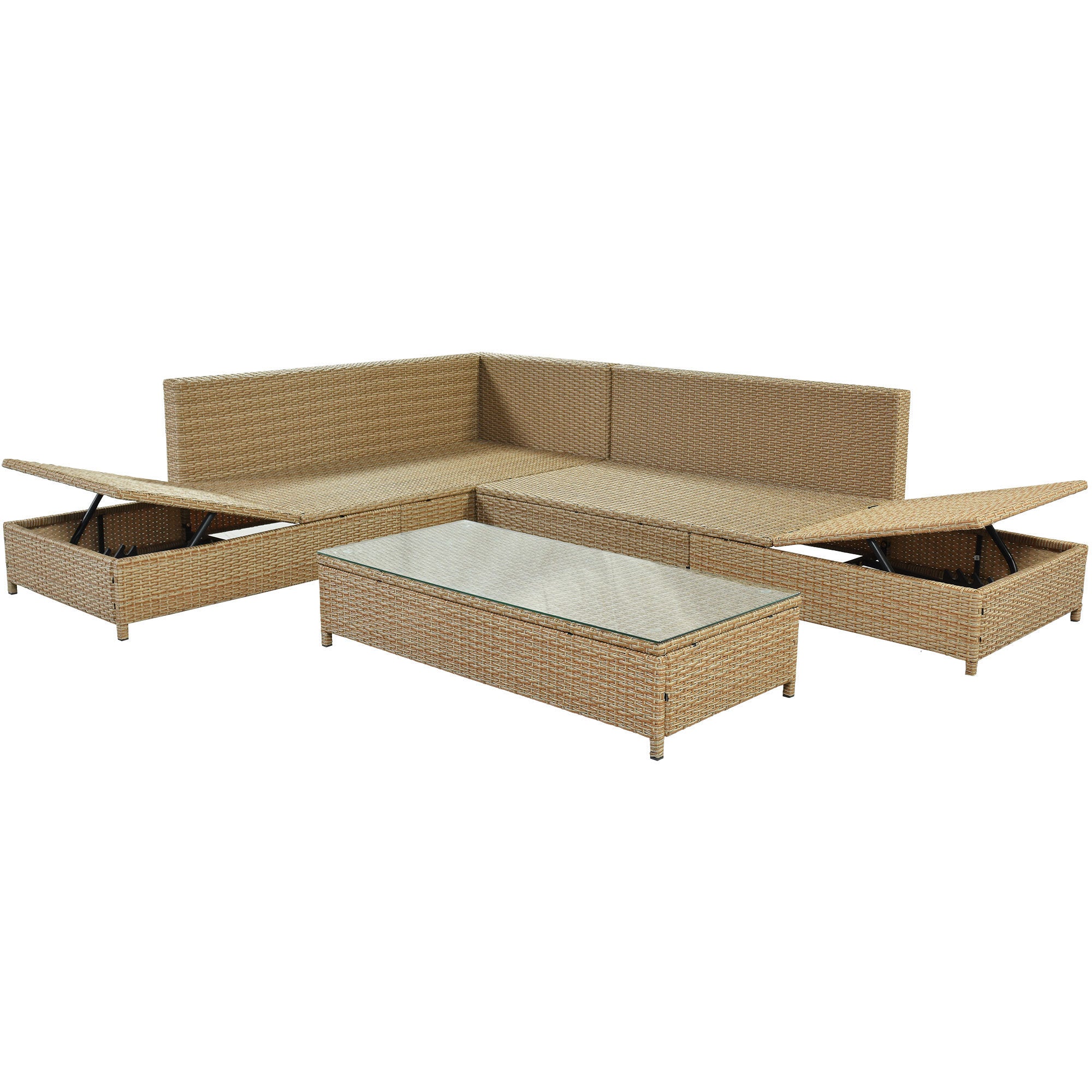 Patio 3-Piece Rattan Sofa Set All Weather - Natural Brown+ Beige Cushion