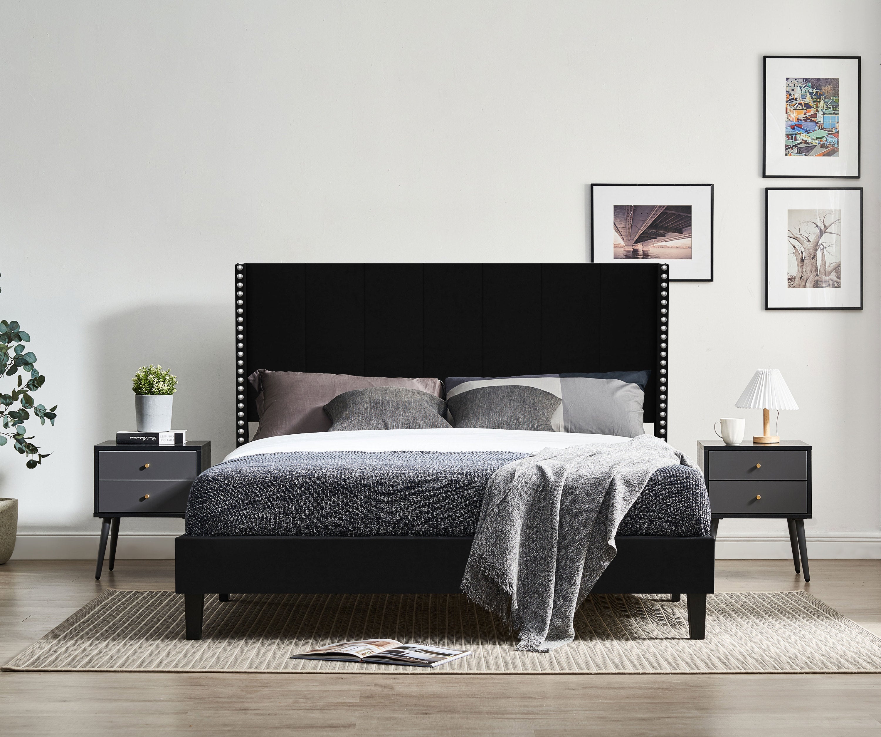 Elegant Queen Size Velvet Bed Frame - Black