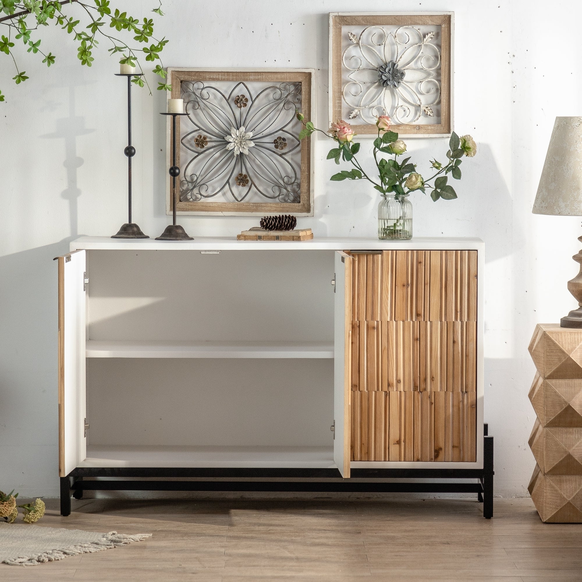 Retro Fashion Style 3-Door Storage Cabinet with Vertical Grain Embossed Design and Double Layer Storage Space - White + Oak