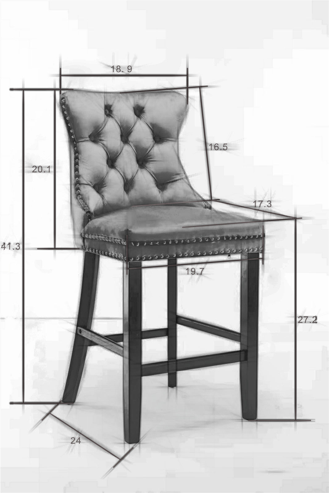 Contemporary Velvet Upholstered Barstools with Button Tufted Decoration and Wooden Legs, and Chrome Nailhead Trim, Bar stools (Set of 2) - Light Blue