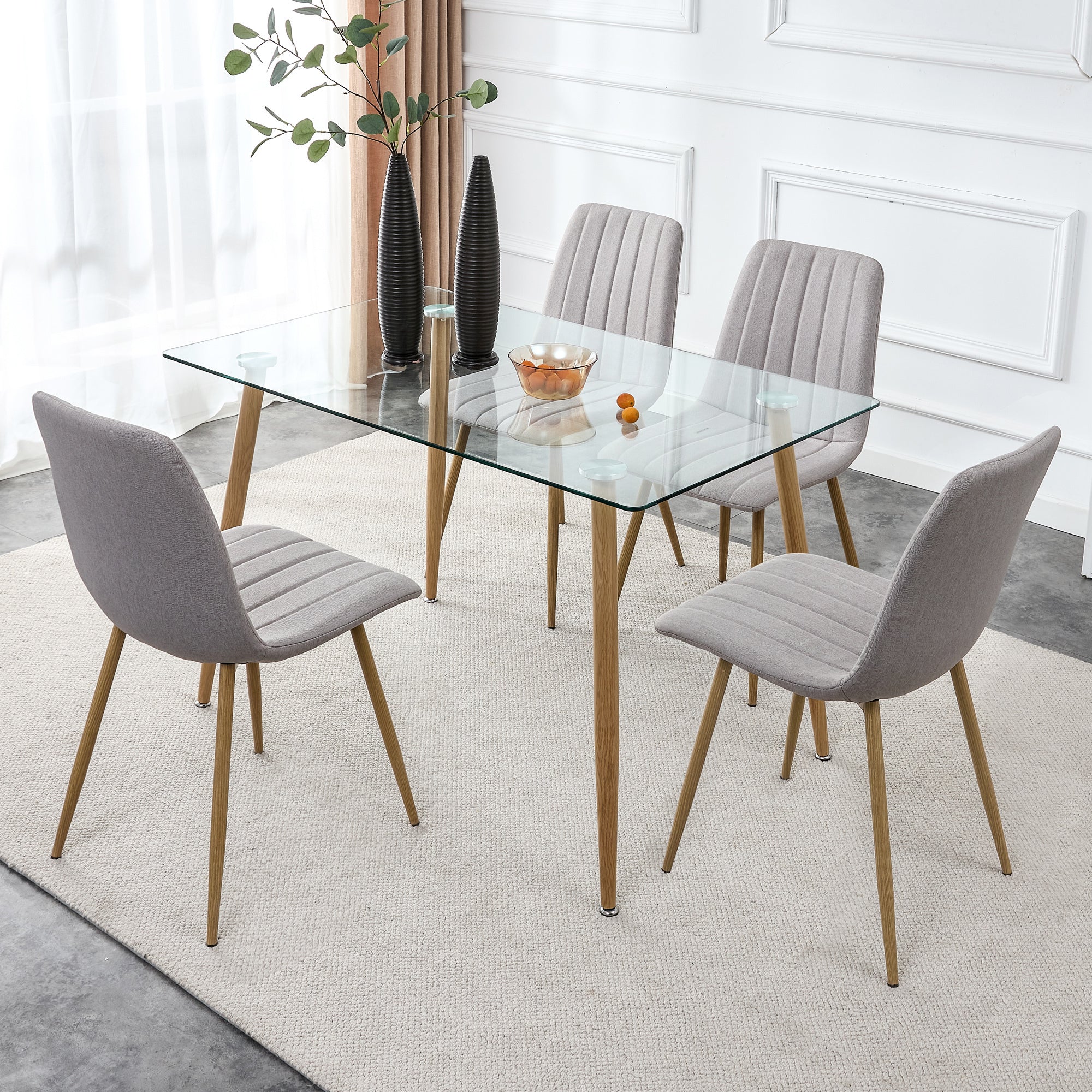 Modern Minimalist Rectangular Glass Dining Table for 4-6 with 0.31" Tempered Glass Tabletop and Wood color Coating Metal Legs - Transparent