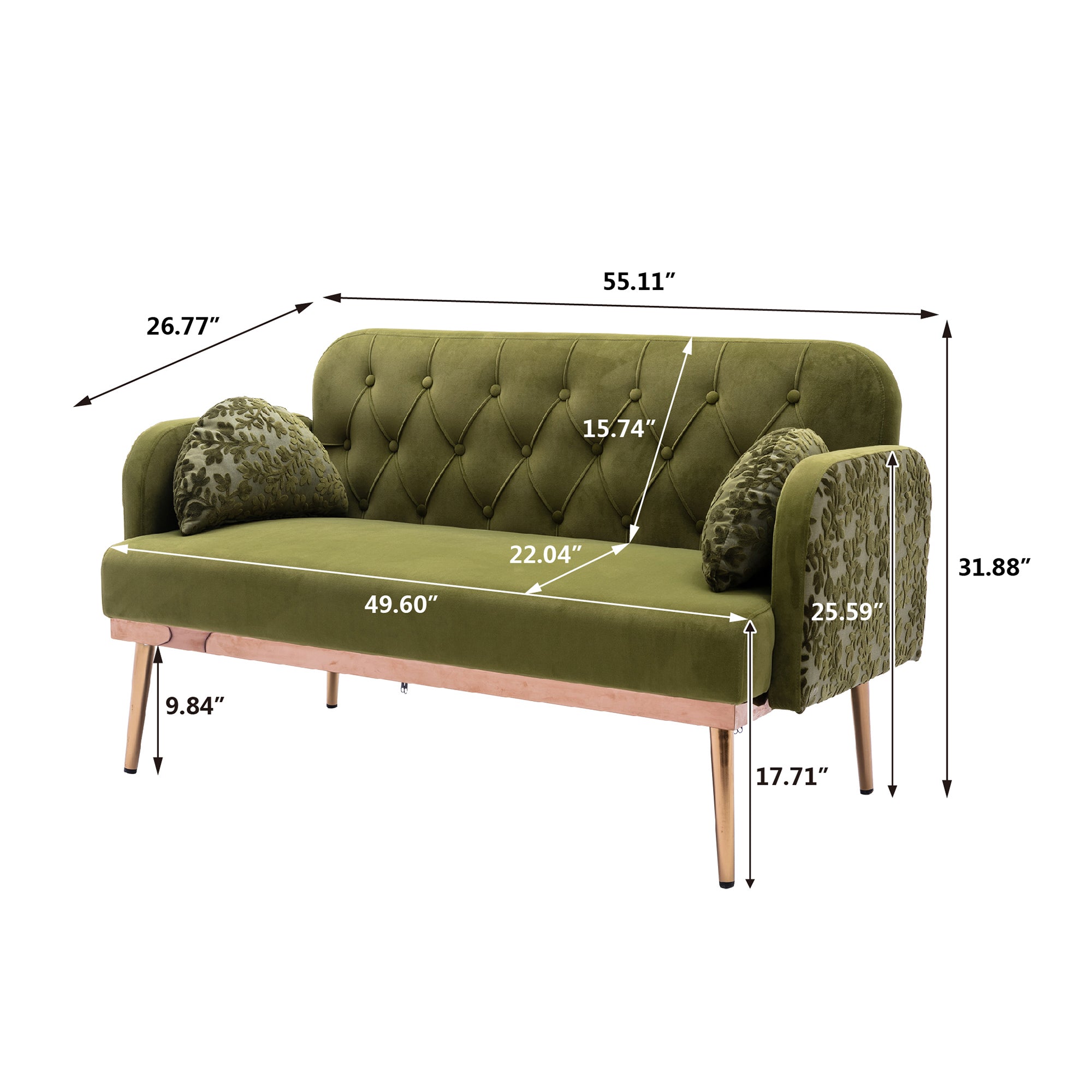 European Velvet Loveseat Sofa with Metal Feet - Green Olive