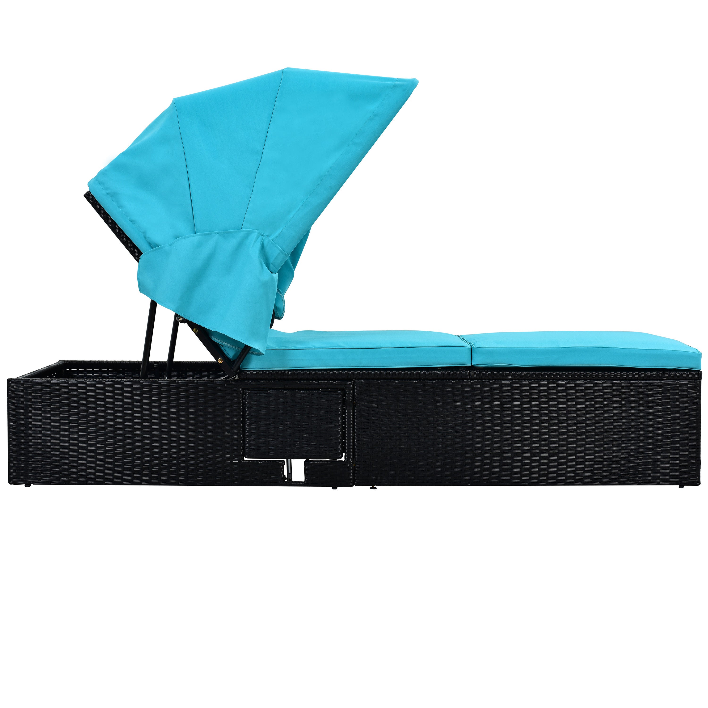 76.8" Long Reclining Single Chaise Lounge with Cushions, Canopy and Cup Table (Set of 2) - Black Wicker + Blue Cushion
