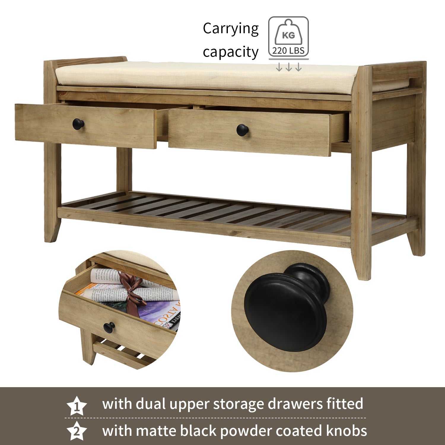 Shoe Rack with Cushioned Seat and Drawers, Multipurpose Entryway Storage Bench - Gray Wash