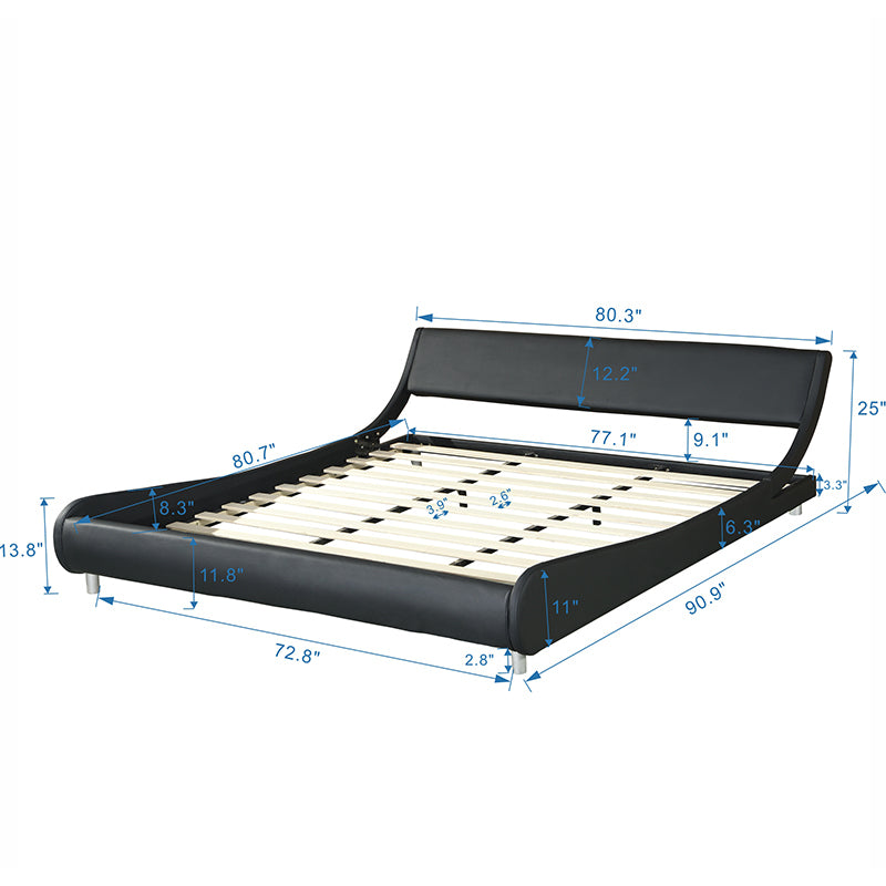 King Size Faux Leather Upholstered Platform Bed Frame, Curve Design, Wood Slat Support, No Box Spring Needed - Black+White