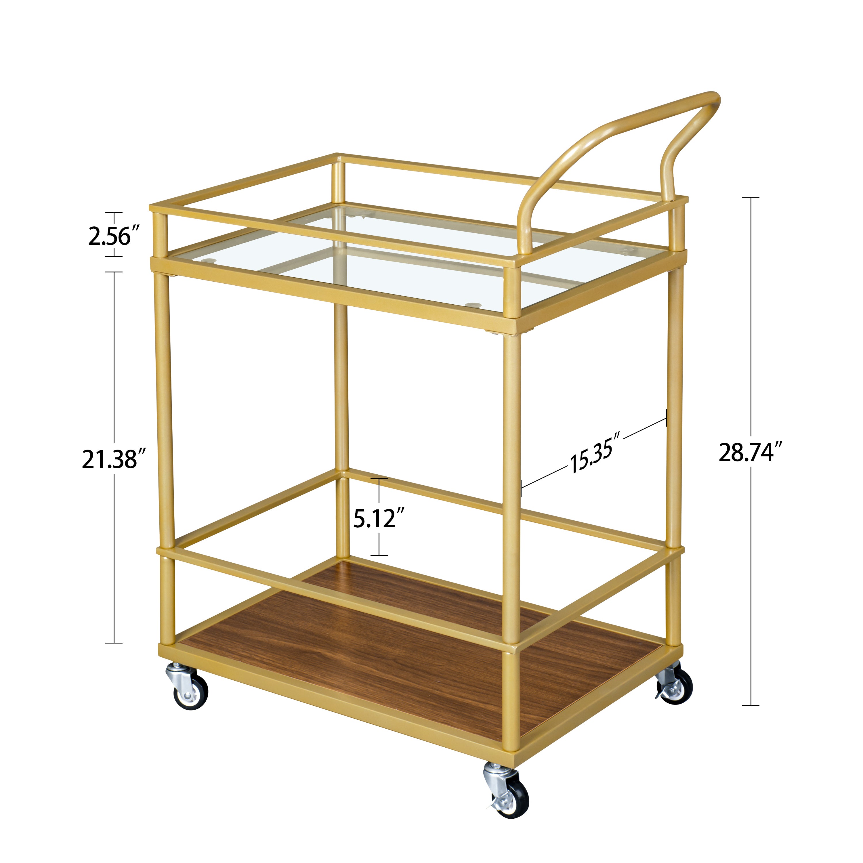 Serving cart, Rolling Bar or Cart for Tea or Cocktail, 2-Tiered Glass and Metal - Gold