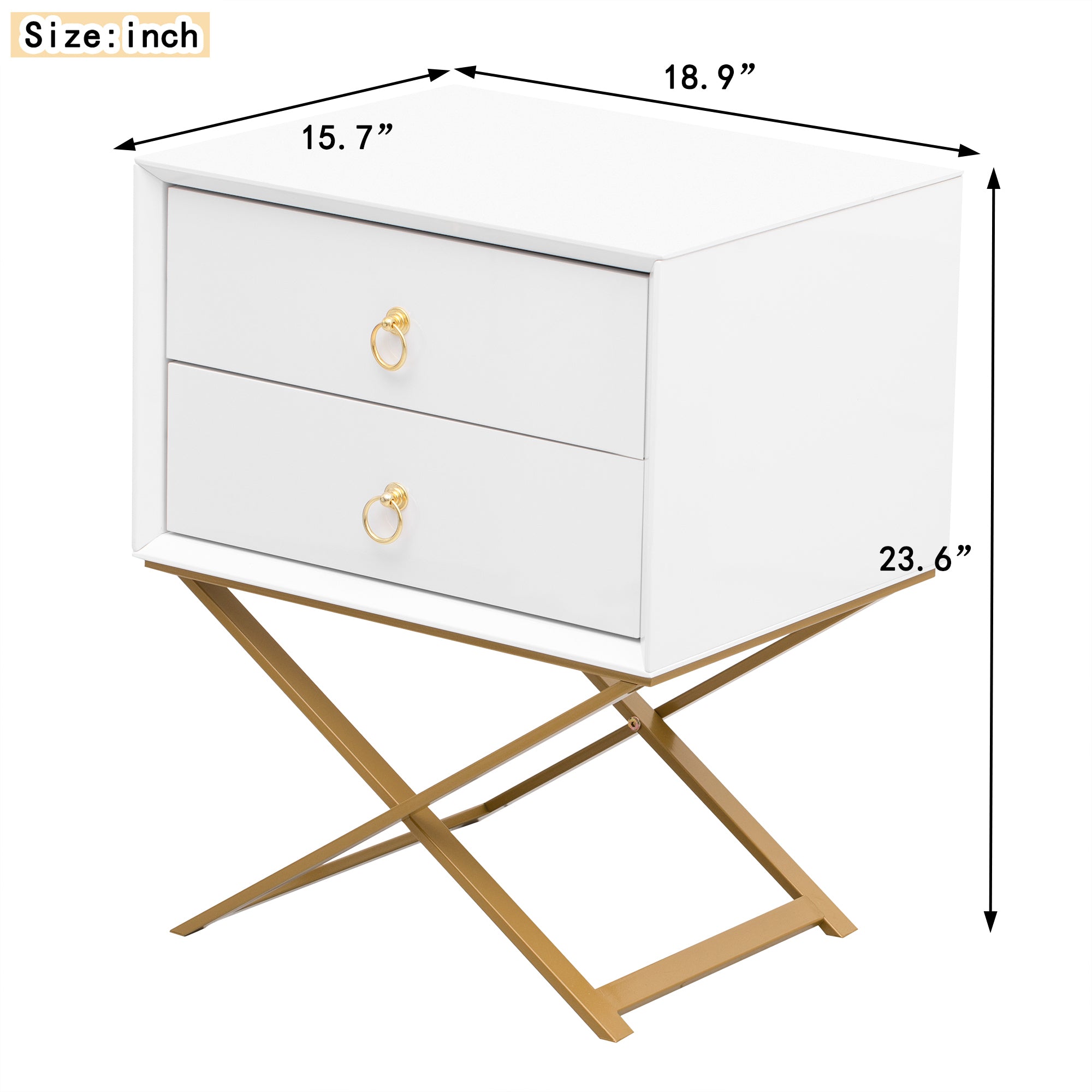 Nightstand with 2 Drawers & Golden Handle，Storage Bedside Table - White