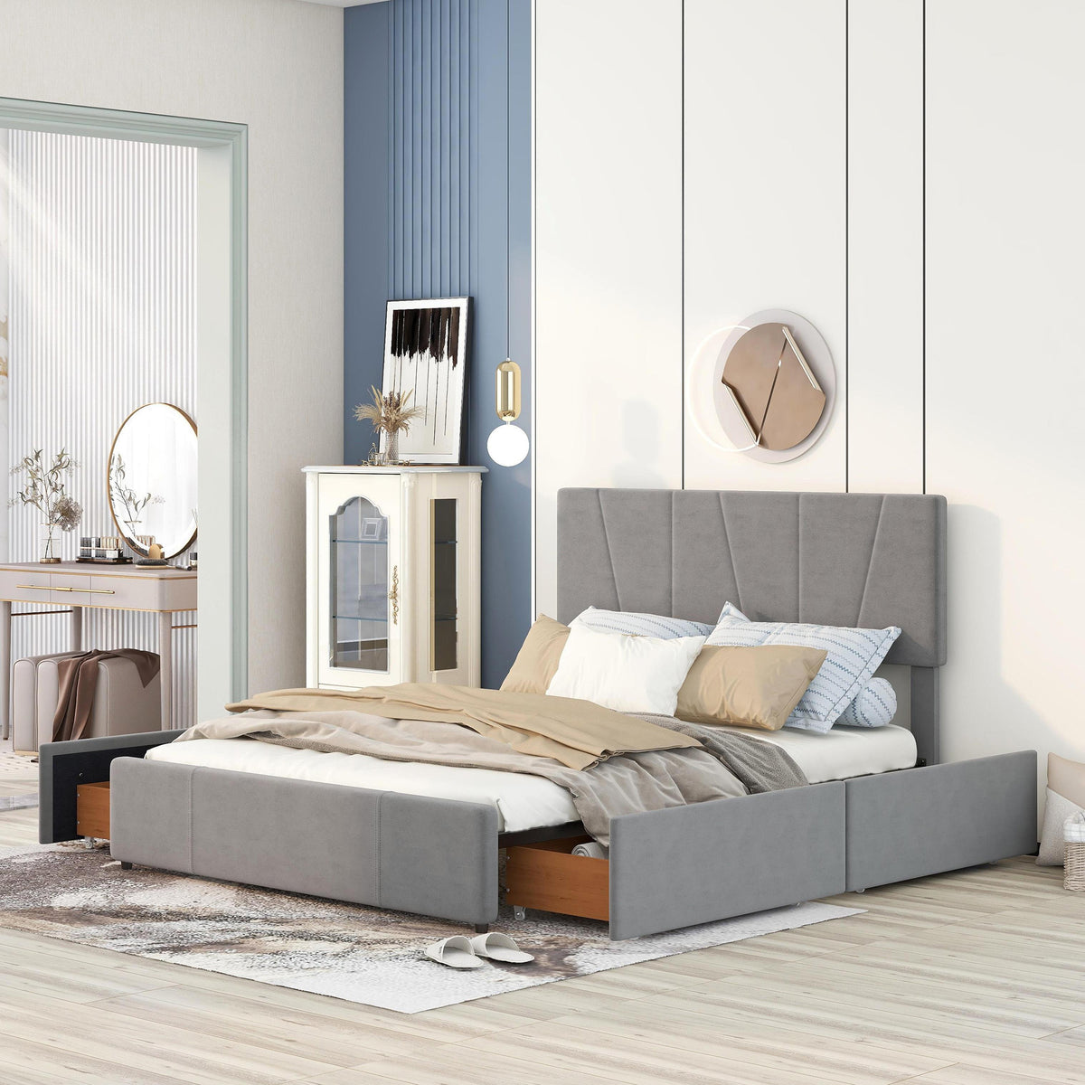 Queen Size Upholstery Platform Bed with Four Drawers on Two Sides,Adjustable Headboard - Grey