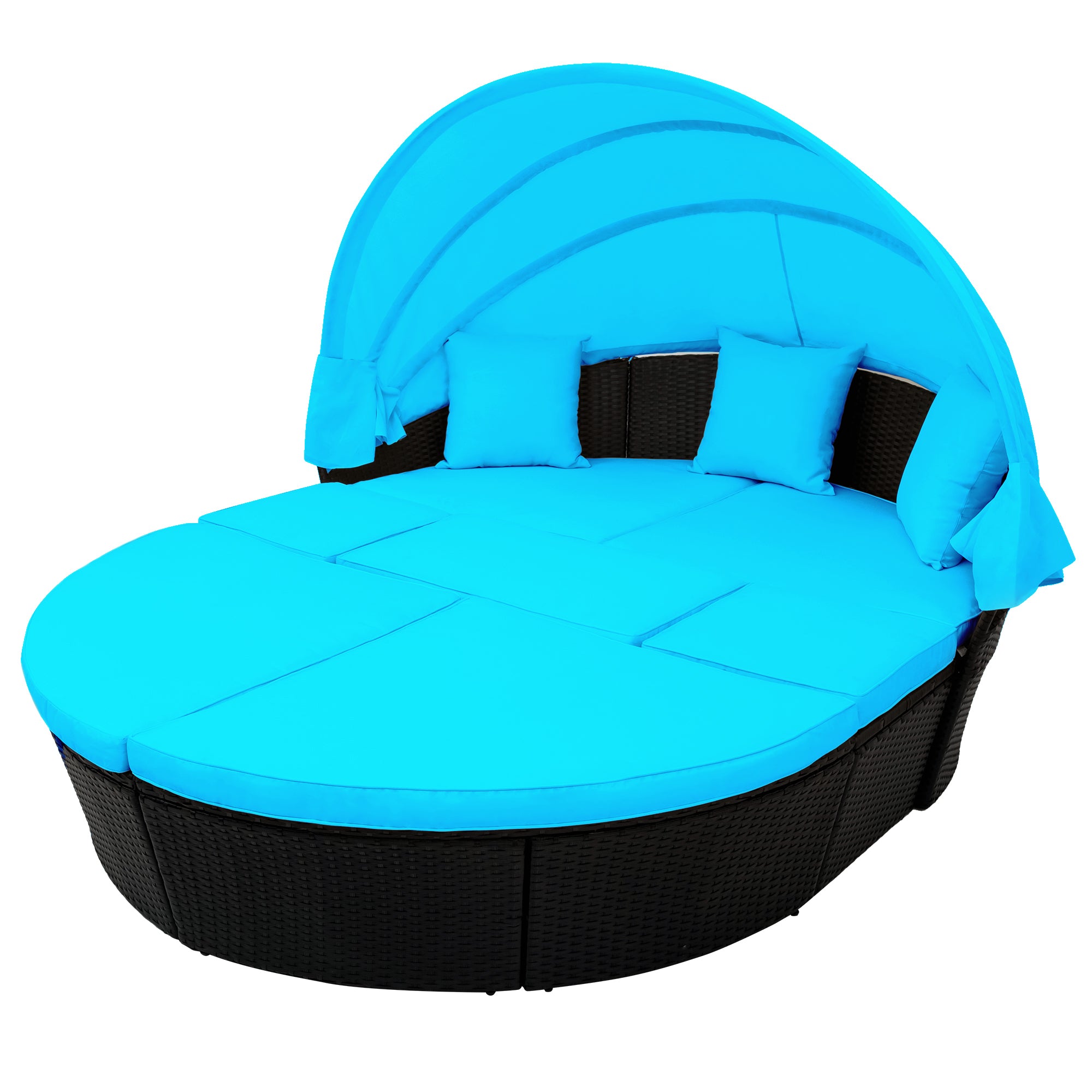 Outdoor rattan daybed sunbed with Retractable Canopy Wicker Furniture, Round Outdoor Sectional Sofa Set, Black Wicker Furniture Clamshell  Seating with Washable Cushions - Blue