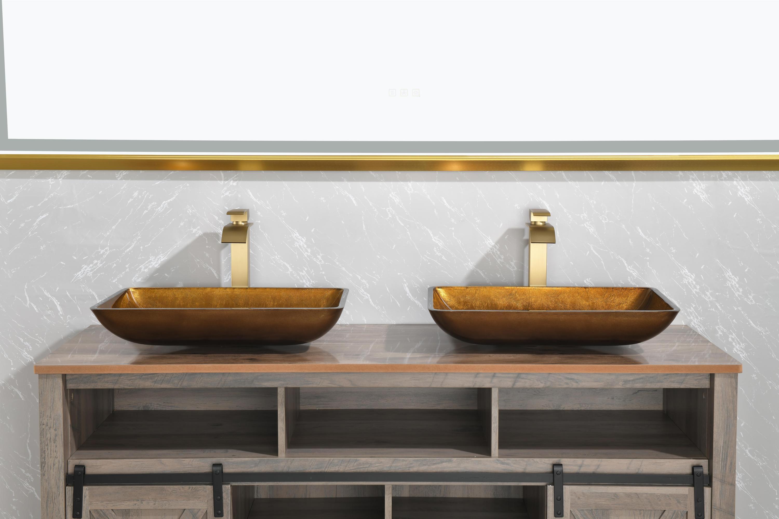 22.25" L -14.25" W -4 1/2" H Glass Rectangular Vessel Bathroom Sink Set with Gold Faucet and Gold Pop Up Drain