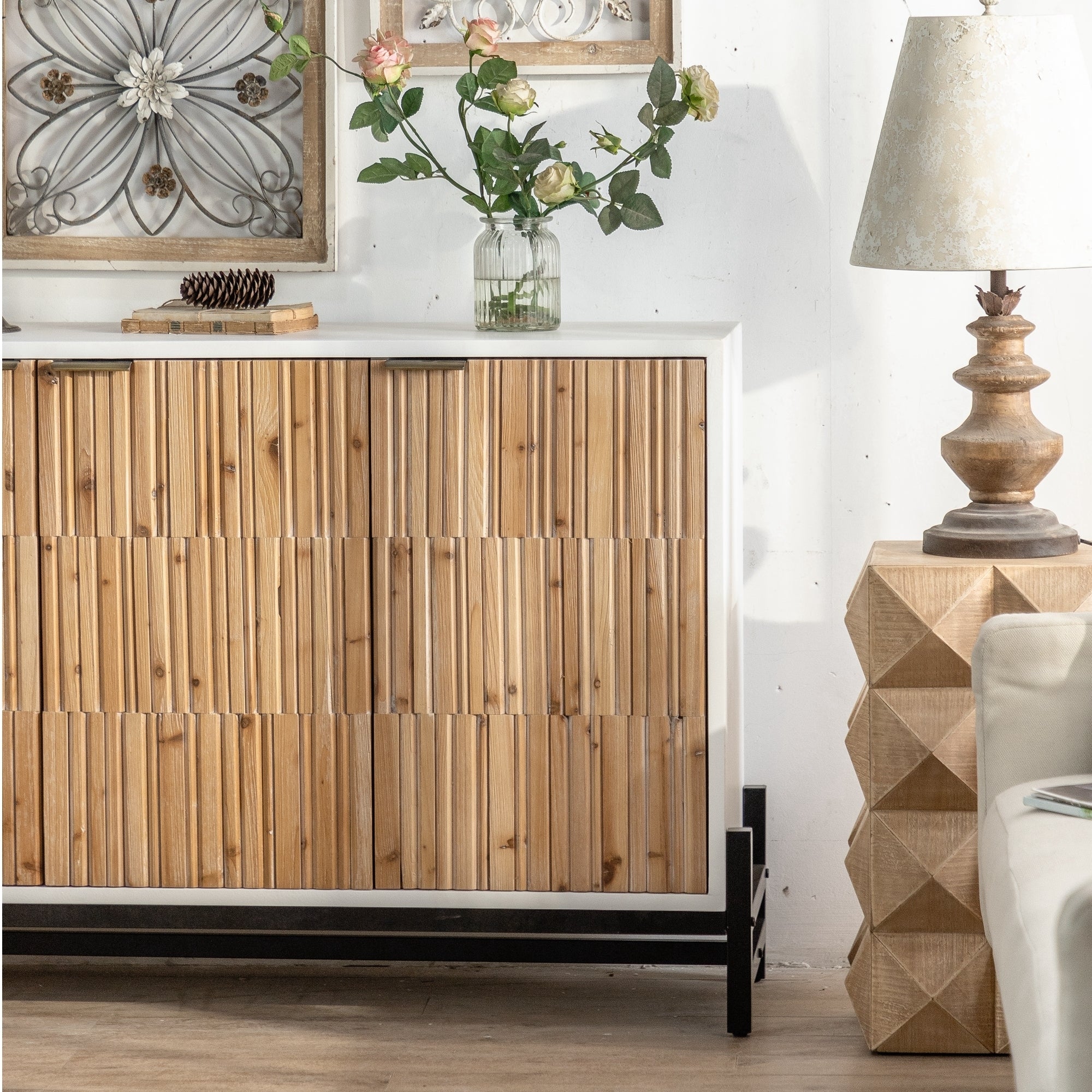 Retro Fashion Style 3-Door Storage Cabinet with Vertical Grain Embossed Design and Double Layer Storage Space - White + Oak