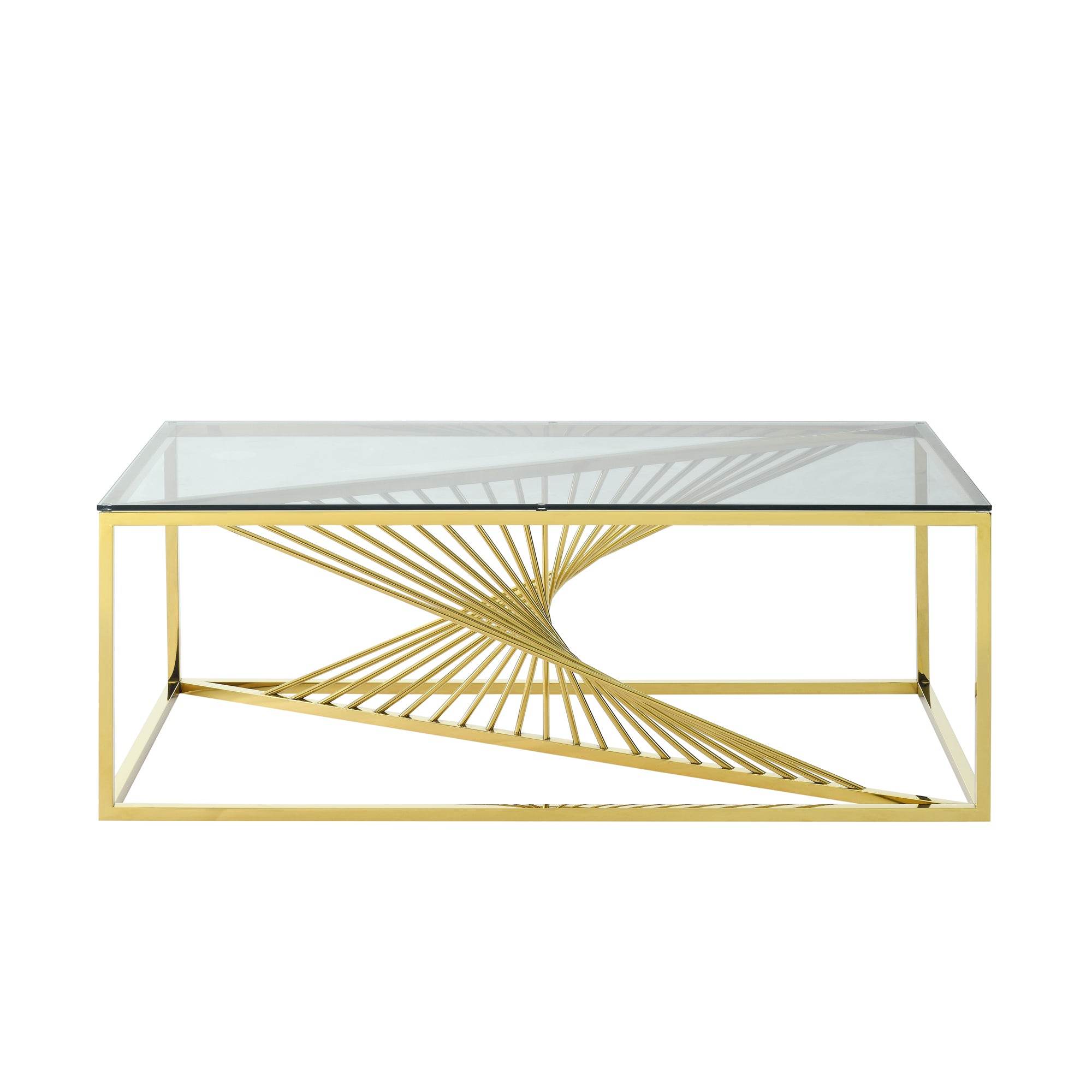 Modern Rectangular Coffee Accent Table with Clear Tempered Glass Top and Stainless Steel Frame - Gold