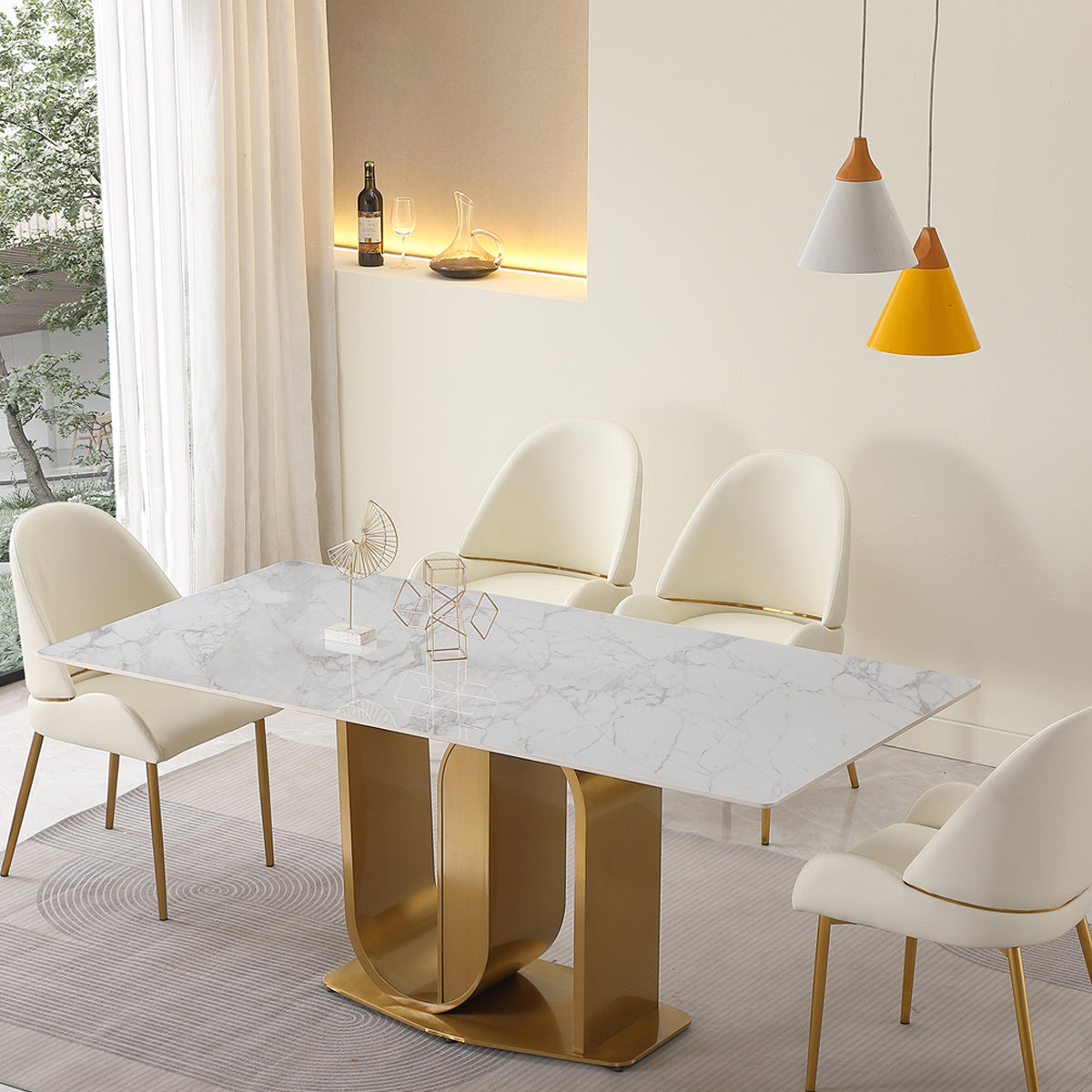 71" Contemporary Dining Table in Gold with Sintered Stone Top and  U shape Pedestal Base in Gold finish (chairs not included)