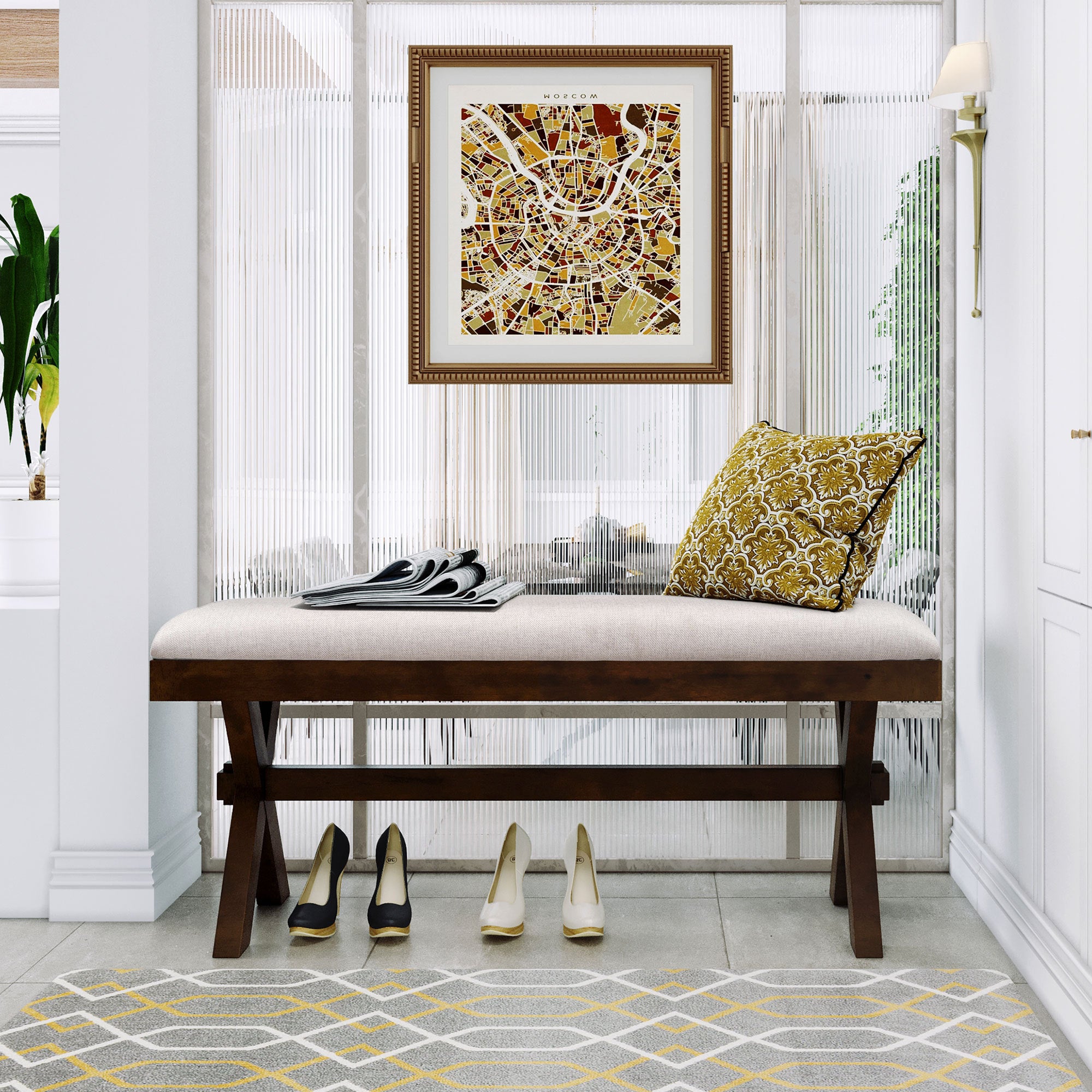 Farmhouse Rustic Wood Upholstered Bench - Brown+ Beige