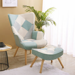 Accent Chair with Ottoman, Comfy Side Armchair for Bedroom, Creative Splicing Cloth Surface - Blue