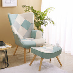 Accent Chair with Ottoman, Comfy Side Armchair for Bedroom, Creative Splicing Cloth Surface - Blue