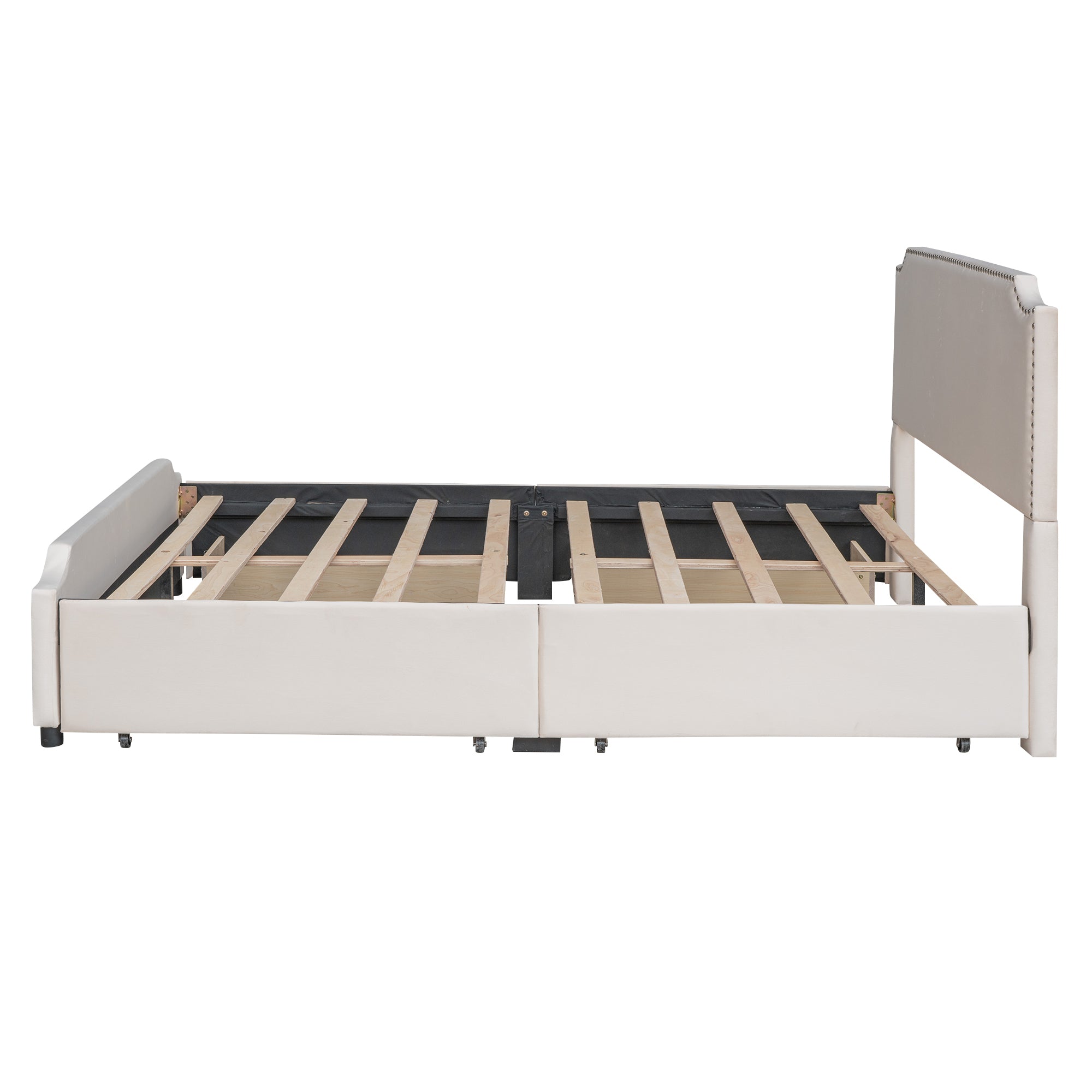 Queen Size Upholstered Platform Bed with Stud Trim Headboard and Footboard and 4 Drawers No Box Spring Needed, Velvet Fabric - Beige