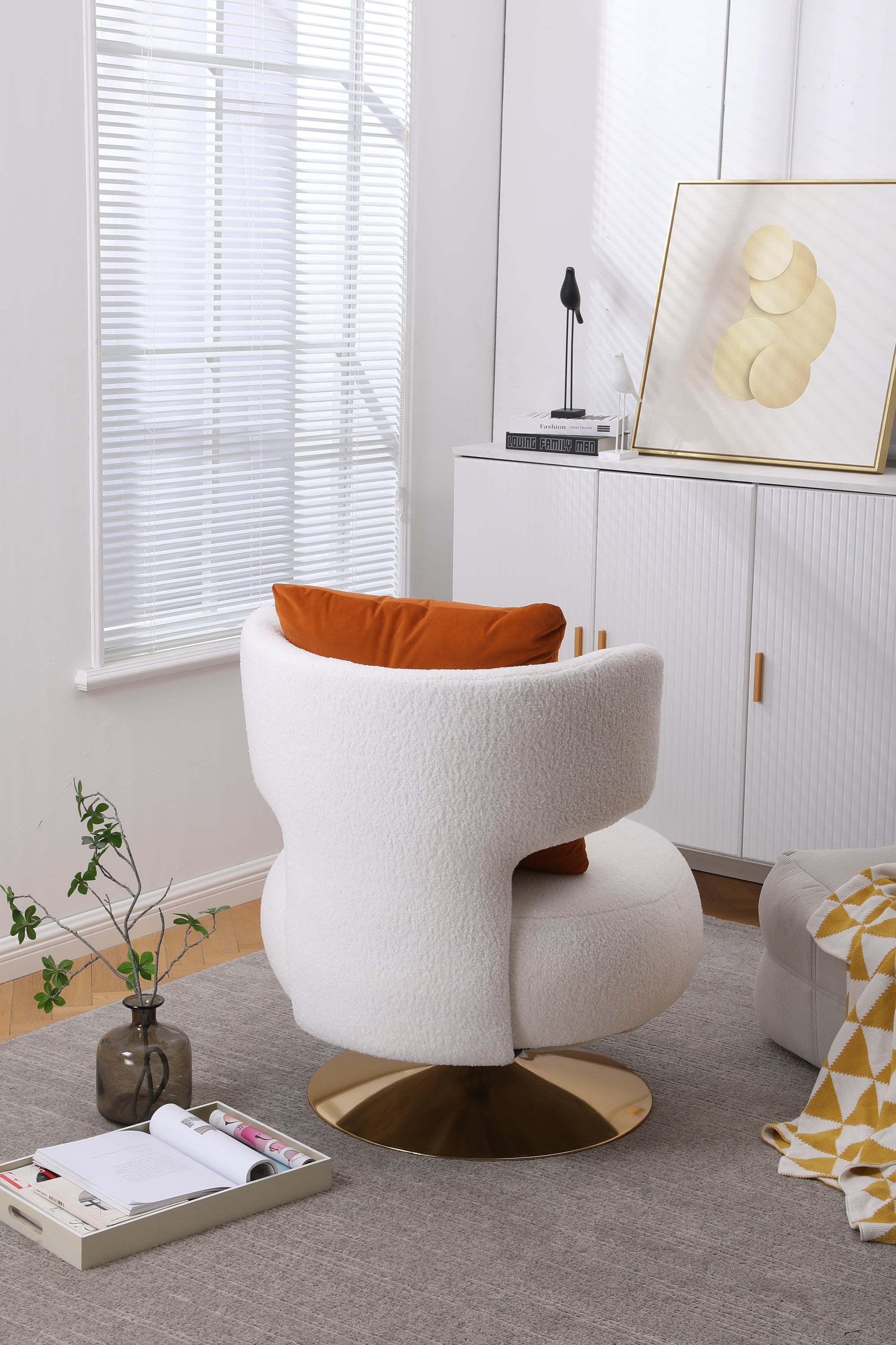 Swivel Accent Chair Armchair, Round Barrel Chair in Fabric  - White