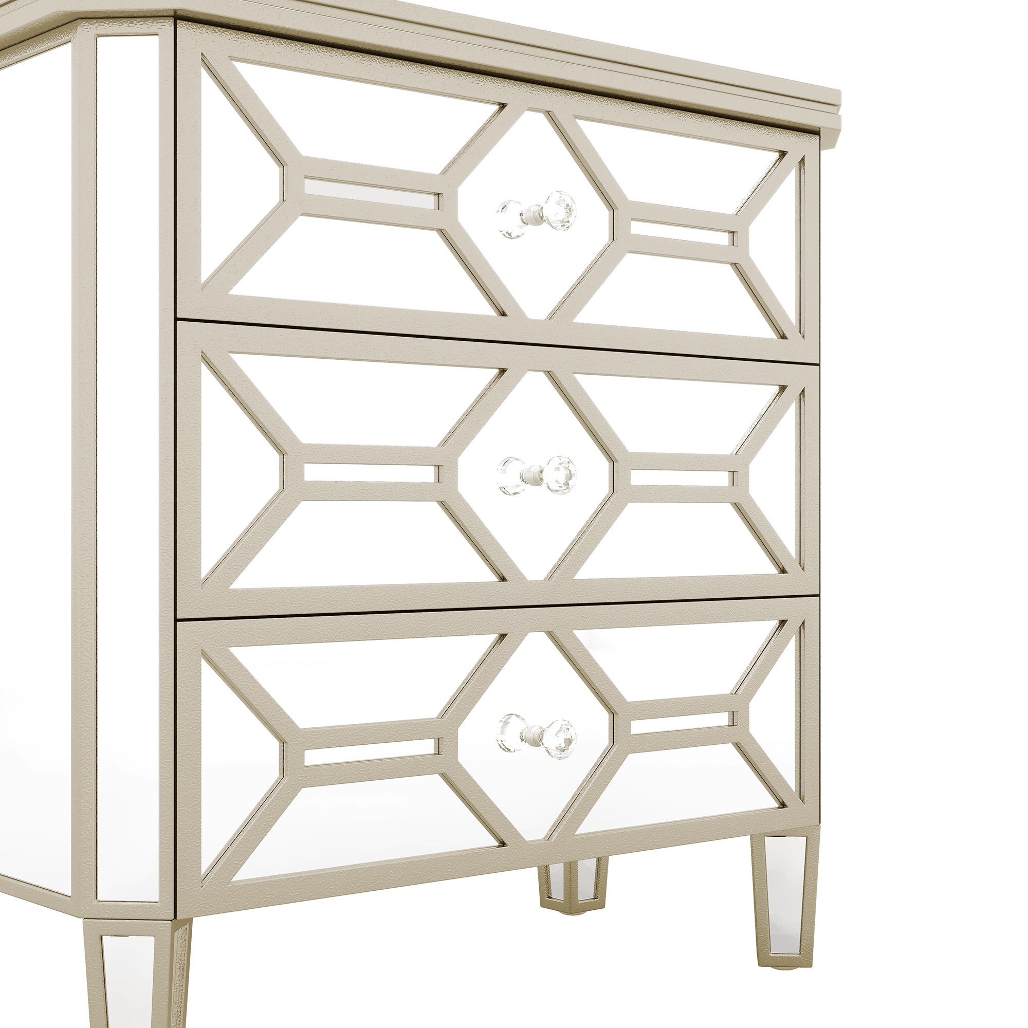 Elegant Mirrored 3-Drawer Chest with Golden Lines Storage Cabinet