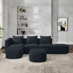 L Shape Sectional Sofa including Two Single Seats, Left Side Chaise and Two Ottomans - Black