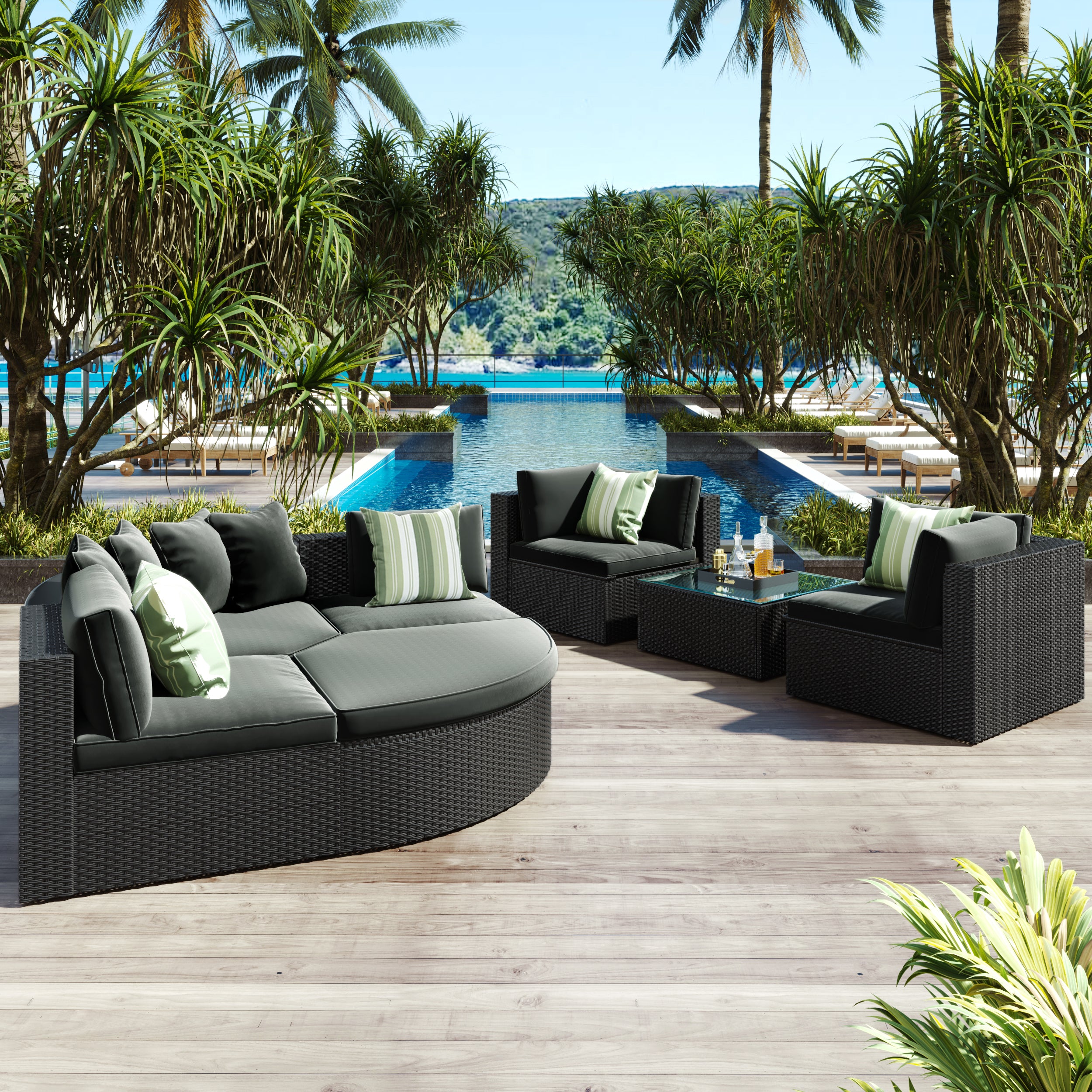 7-piece Outdoor Wicker Sofa Set, Rattan Sofa Lounger, With Striped Green Pillows- Black Wicker + Gray Cushion