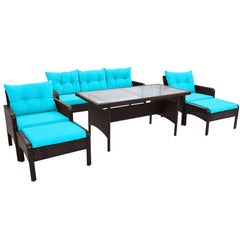 6-Piece Outdoor Patio Rattan Sofa Set with Removable Cushions and Glass Tea Table - Brown Wicker+Blue Cushion
