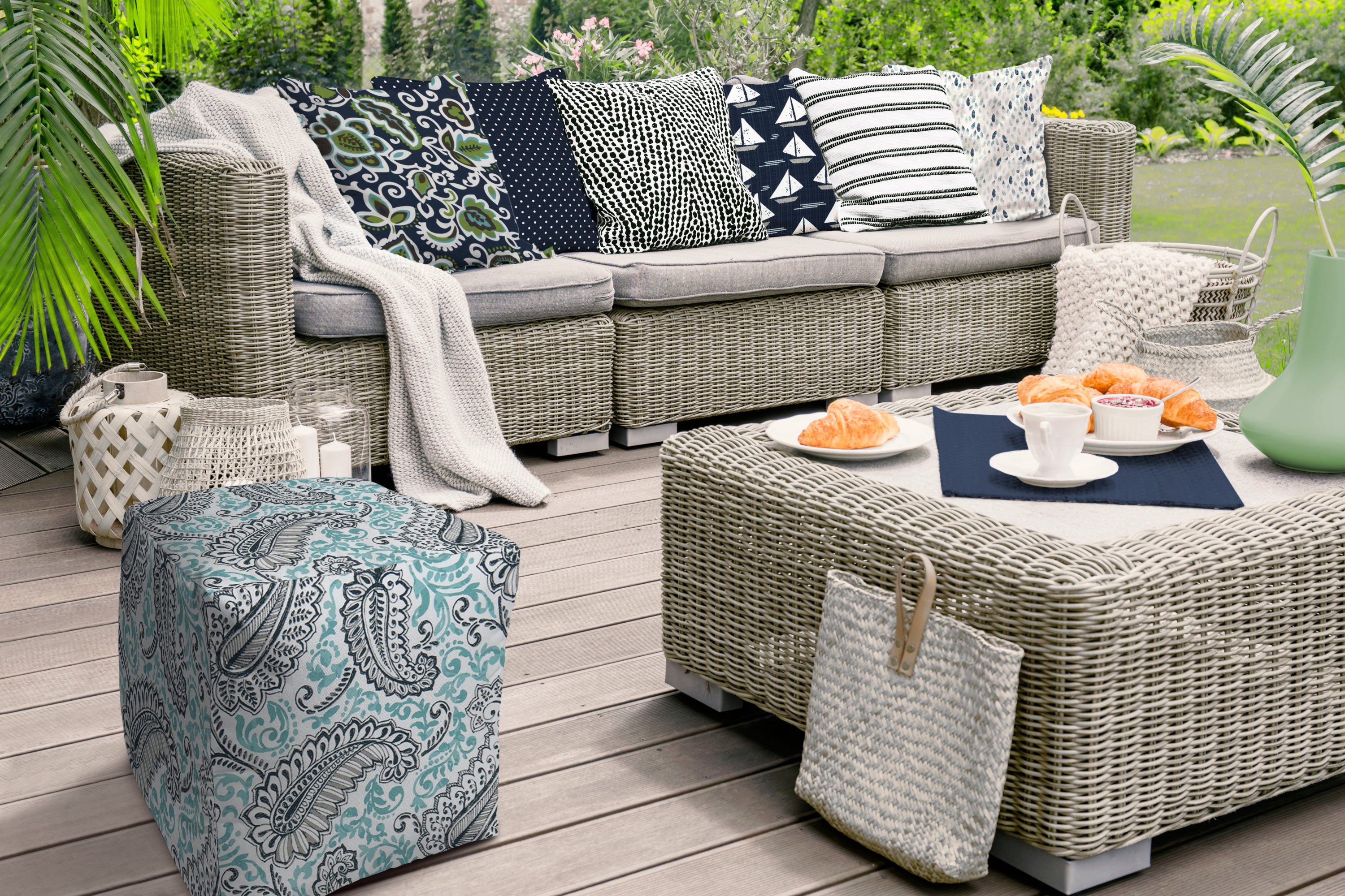 Turquoise/Navy Indoor/Outdoor Pouf - Zipper Cover Only