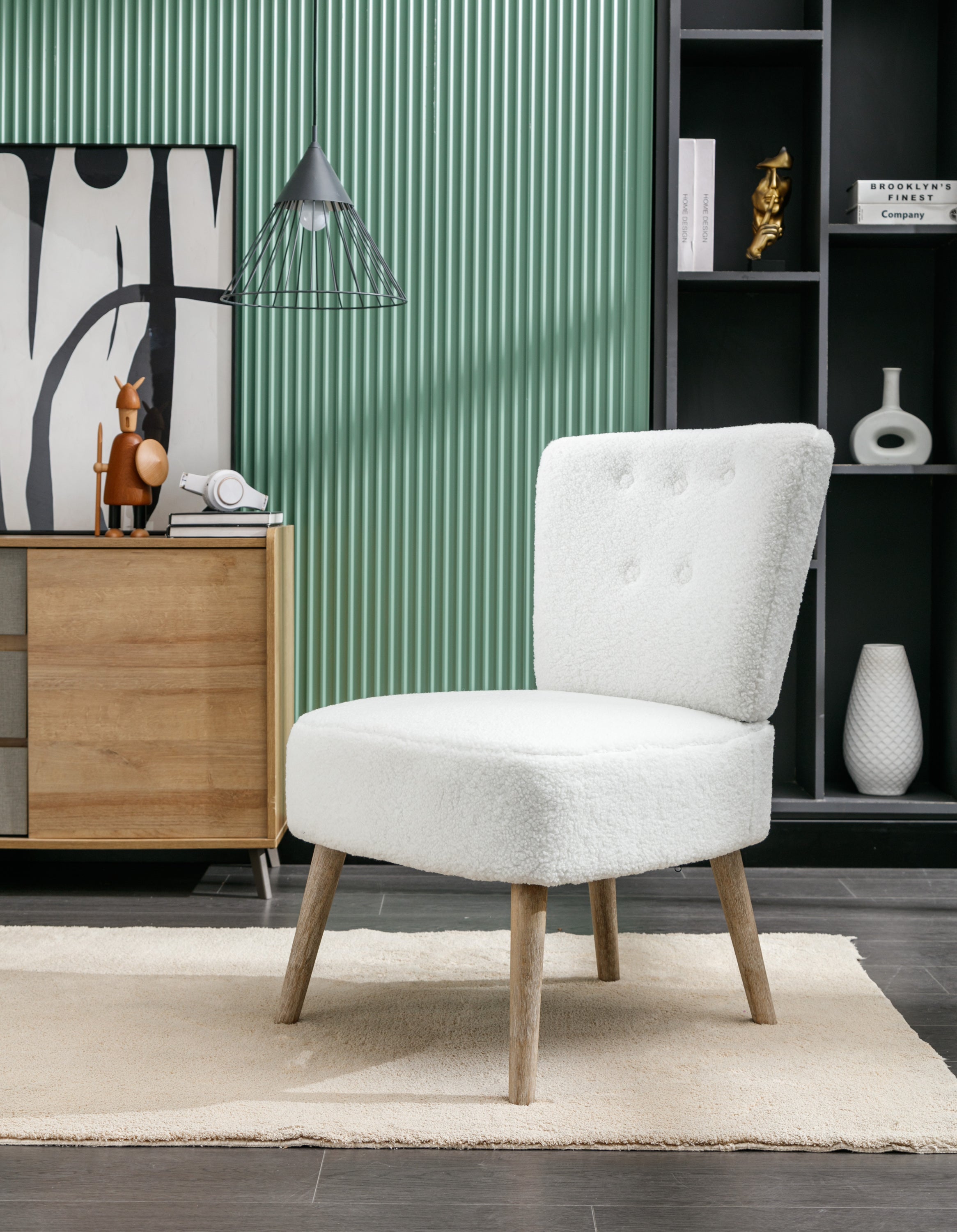 Teddy Fabric Button Accent Slipper Chair With Wooden Legs - White