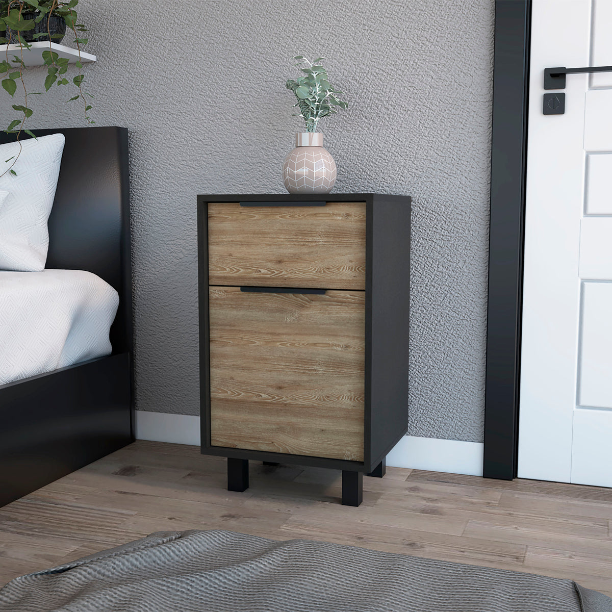 Black Wengue and Pine 1-Drawer Nightstand