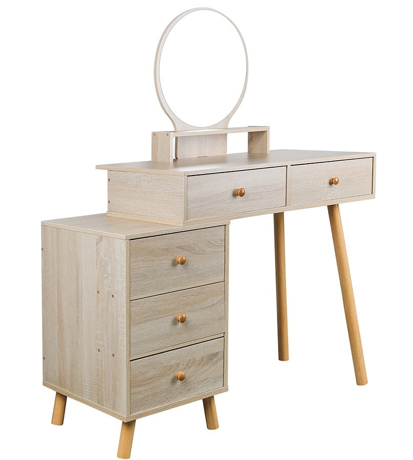 Makeup Vanity Table with Cushioned Stool, 5 Drawers, Large Round Mirror (31.5"-43.2“Lx15.8”Wx48.1”H) - Barnwood