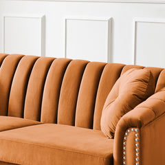 Camel Velvet Upholstered Sofa Couch, 3 Seat Tufted Back
