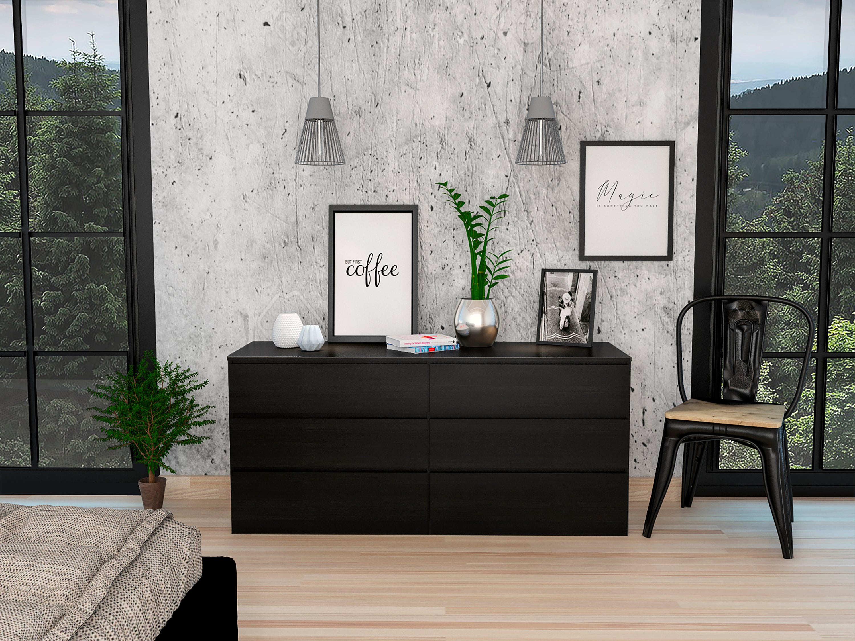 6-Drawer Rectangle Dresser - Black Wengue