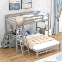 Twin over Full Bunk Bed with Built-in Desk and Three Drawers - Grey