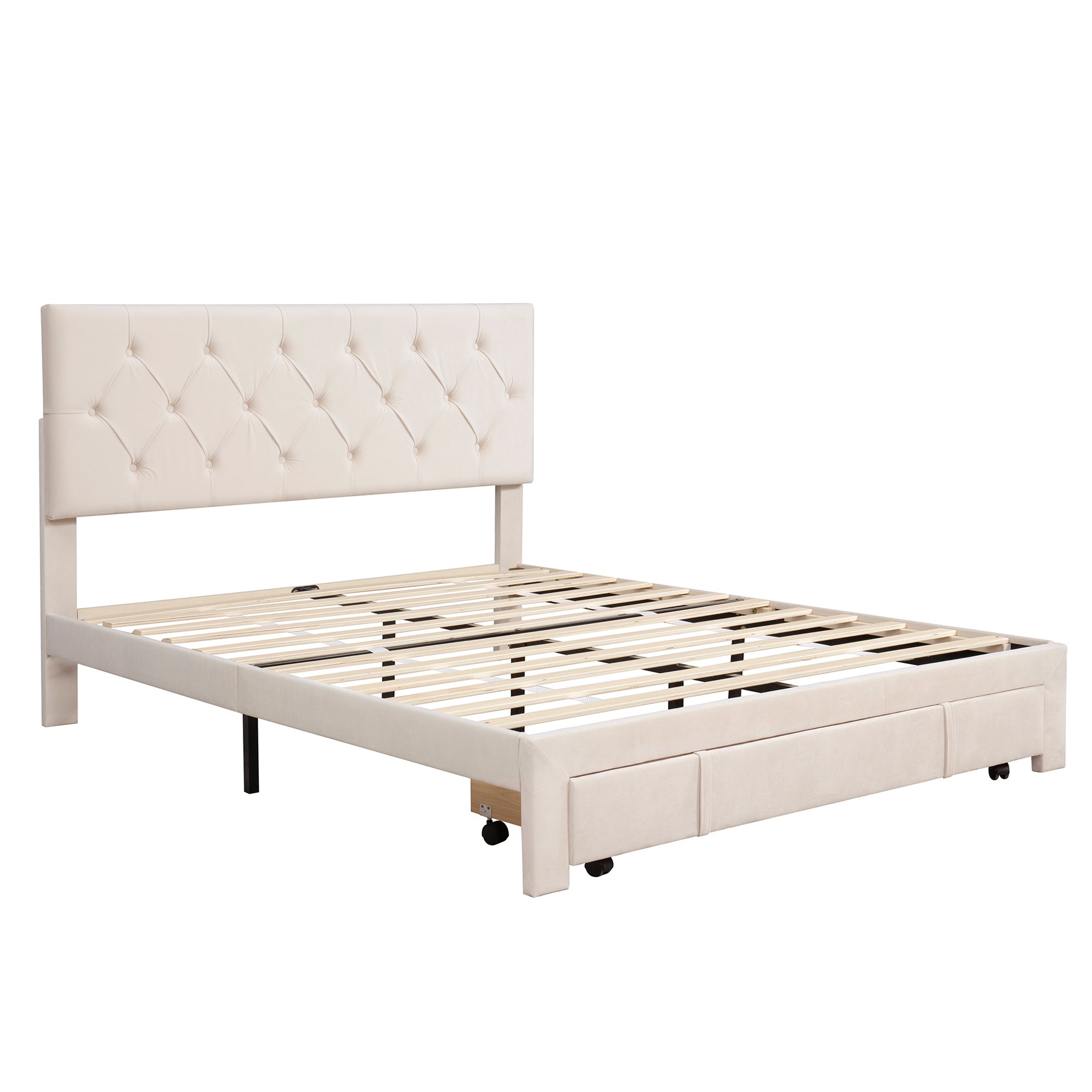 Queen Size Storage Bed Velvet Upholstered Platformwith a Big Drawer - Beige
