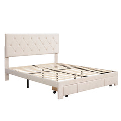 Queen Size Storage Bed Velvet Upholstered Platformwith a Big Drawer - Beige