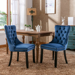 Modern High-end Tufted Solid Wood Contemporary Velvet Upholstered Dining Chair with Wood Legs Nailhead Trim  (Set of 2)Blue