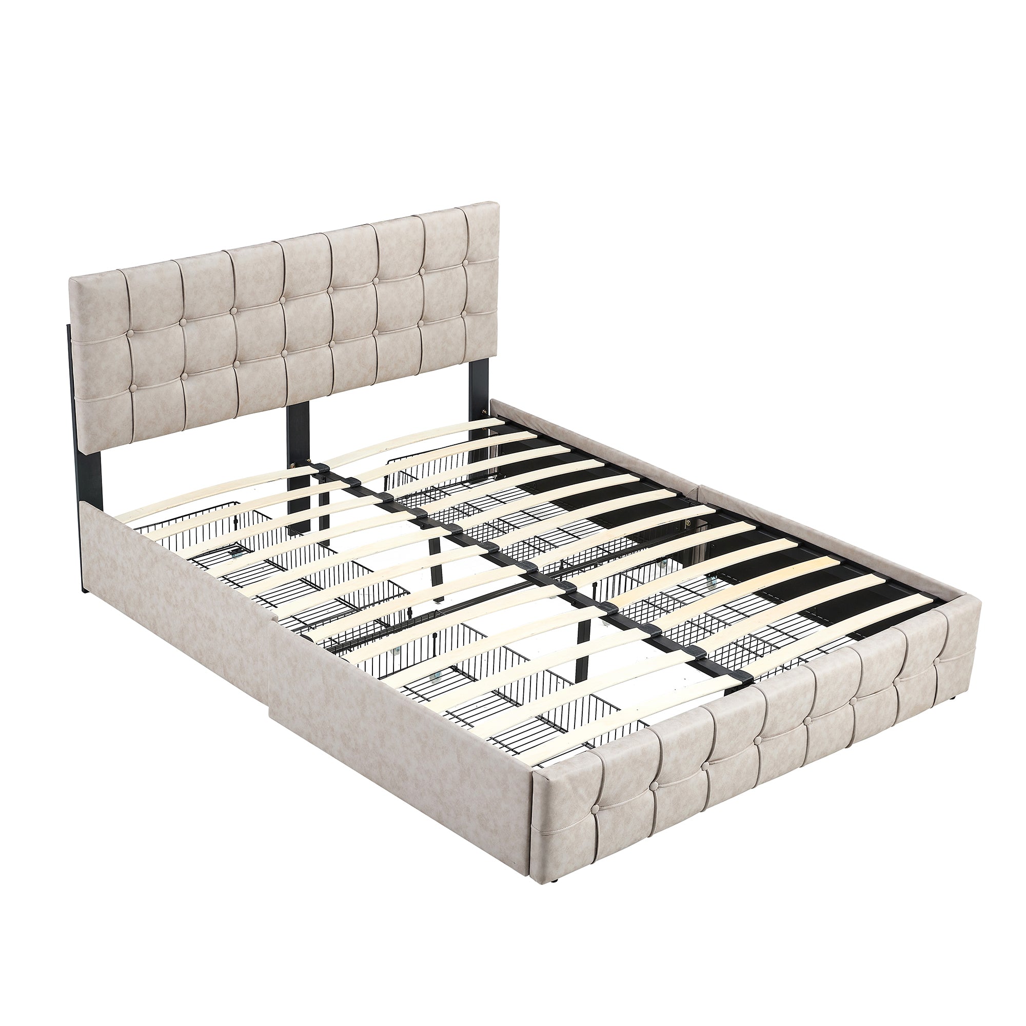 Full Size Upholstered Platform Bed Frame with Adjustable Headboard with 4 Drawers Storage, Wooden Slat Support Mattress Foundation - Beige