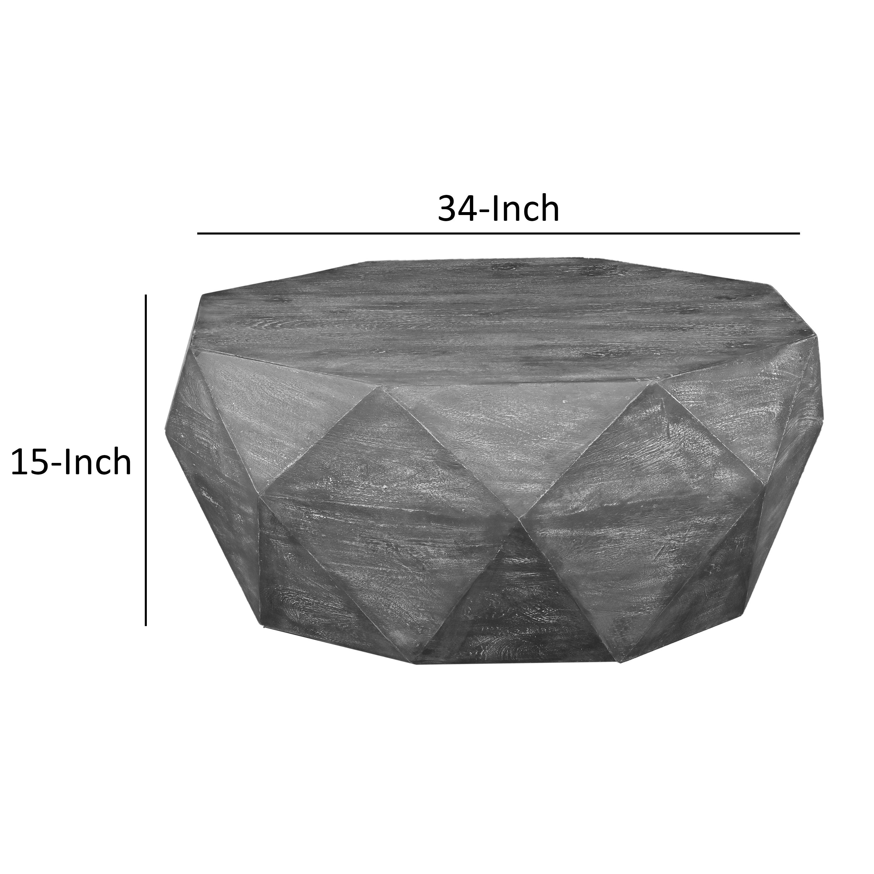 34 Inch Handcrafted Mango Wood Coffee Table Drum Shape - Rustic Gray