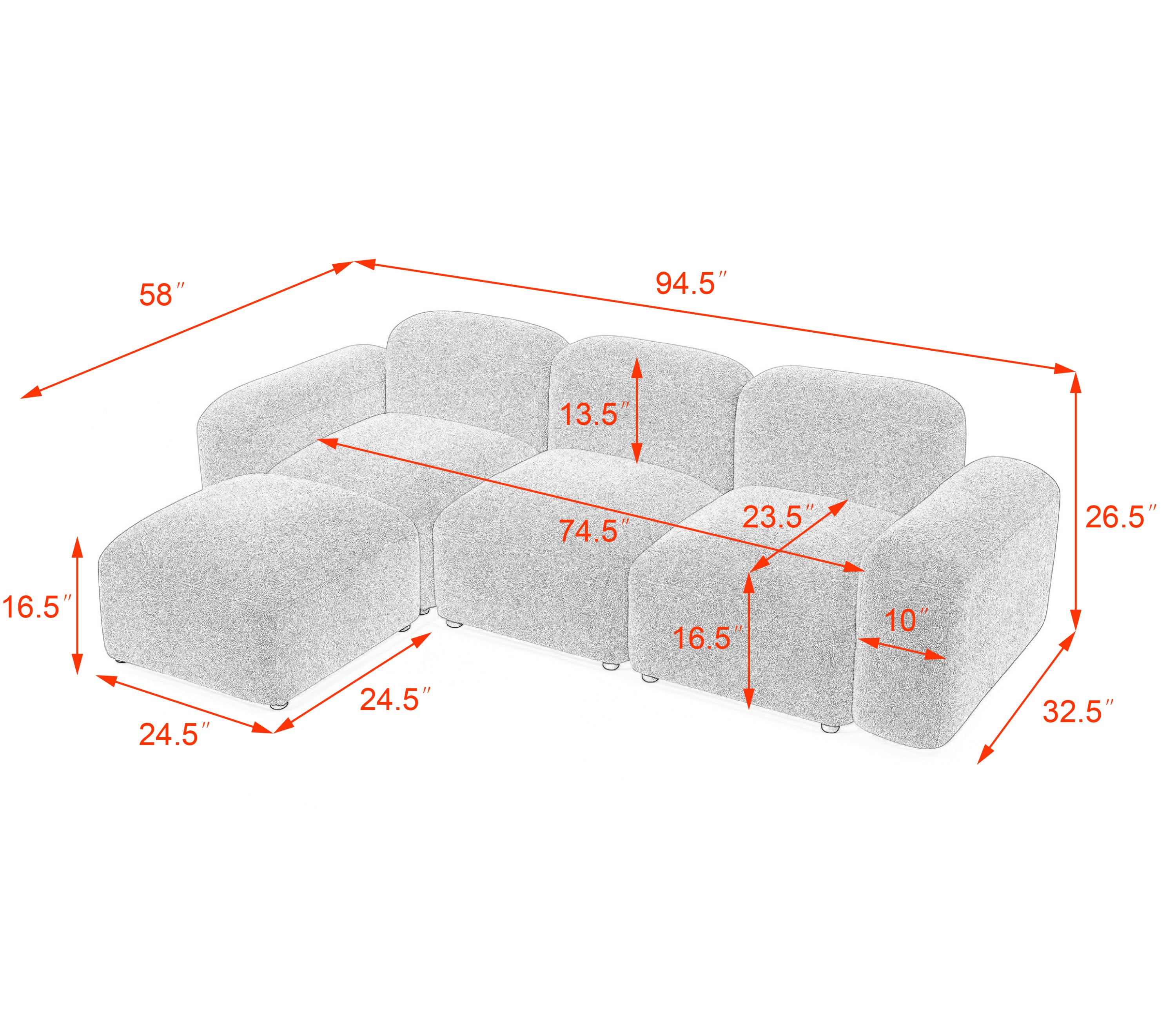 Teddy Fabric L-Shape Modular Sectional Sofa, DIY Combination - White
