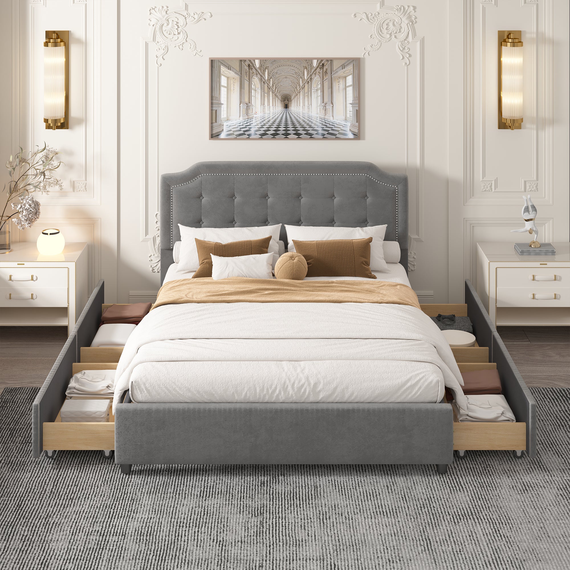 Elegant Queen Size Bed with Classic Headboard and 4 Drawers - Velvet Gray