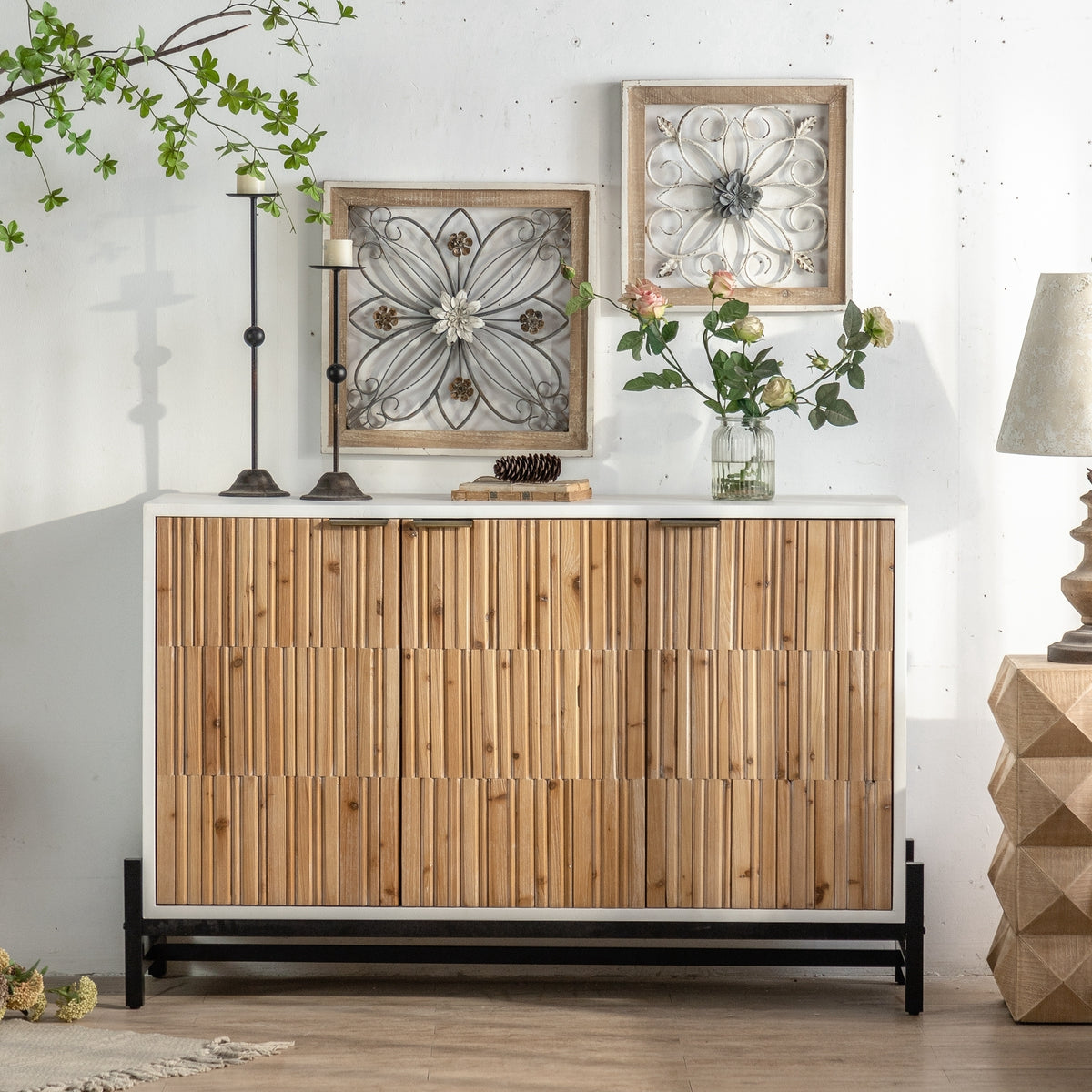 Retro Fashion Style 3-Door Storage Cabinet with Vertical Grain Embossed Design and Double Layer Storage Space - White + Oak