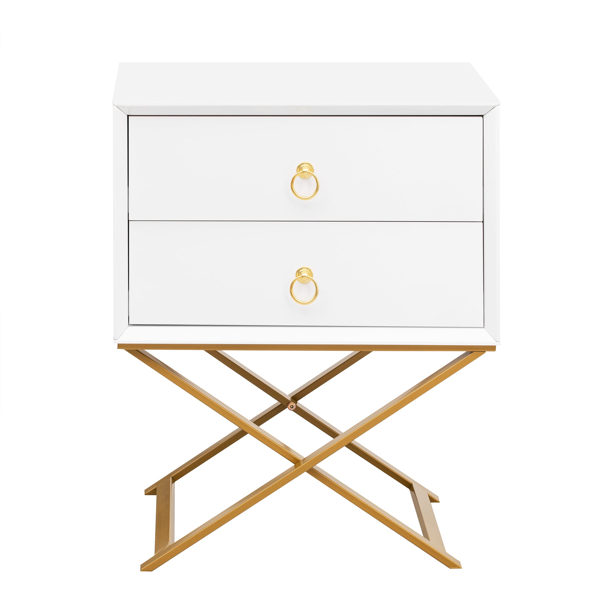 Nightstand with 2 Drawers & Golden Handle，Storage Bedside Table - White
