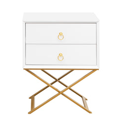 Nightstand with 2 Drawers & Golden Handle，Storage Bedside Table - White