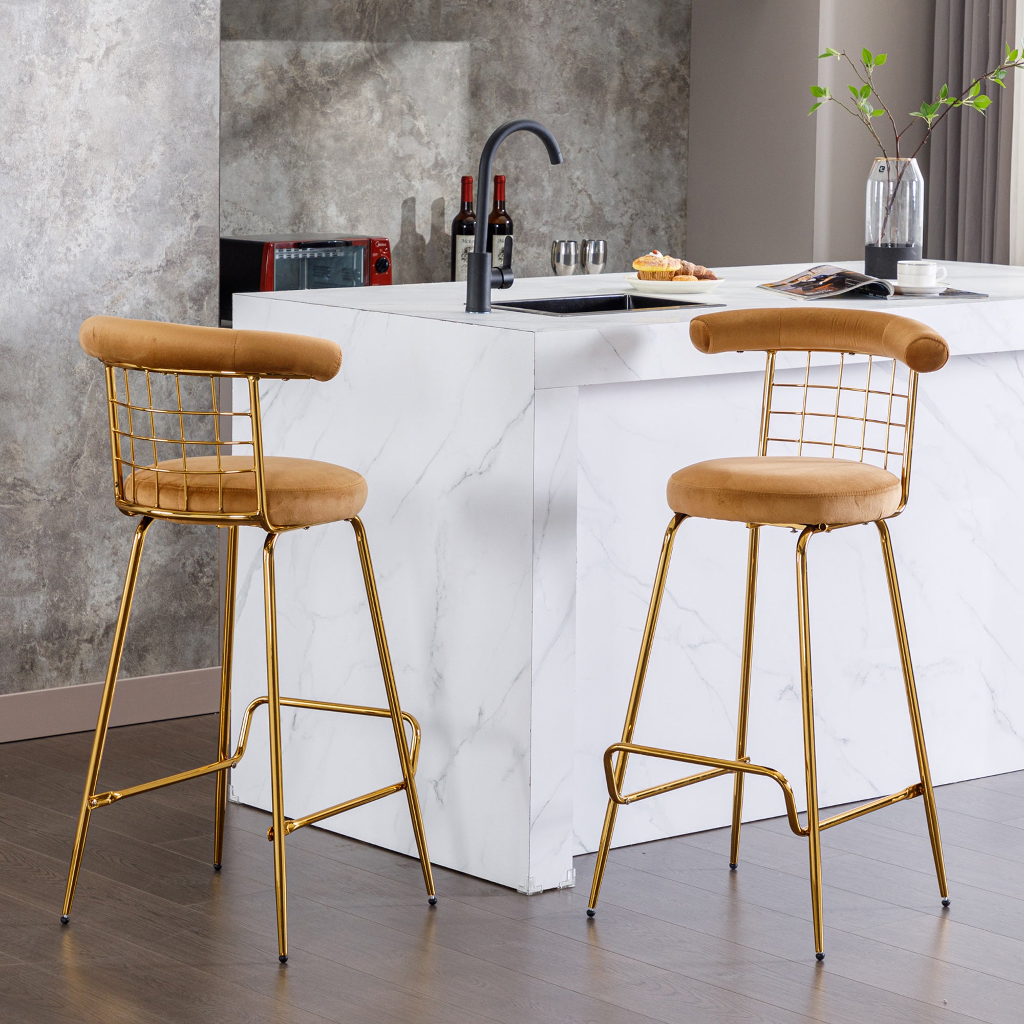 Luxury Velvet  High Bar Stool with Metal Legs and Soft Back - Camel