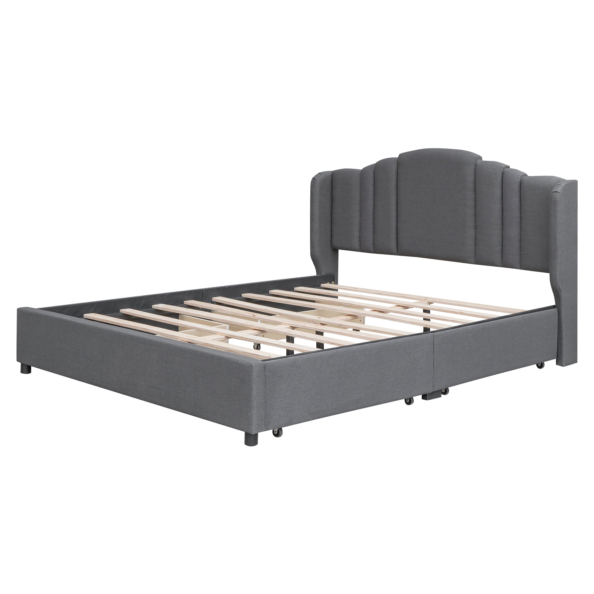 Queen Bed Upholstered Platform with Wingback Headboard and 4 Drawers - Grey