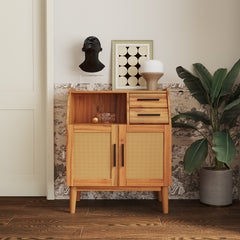 Farmhouse Sideboard Buffet Accent Storage Cabinet with Rattan Doors and Drawers