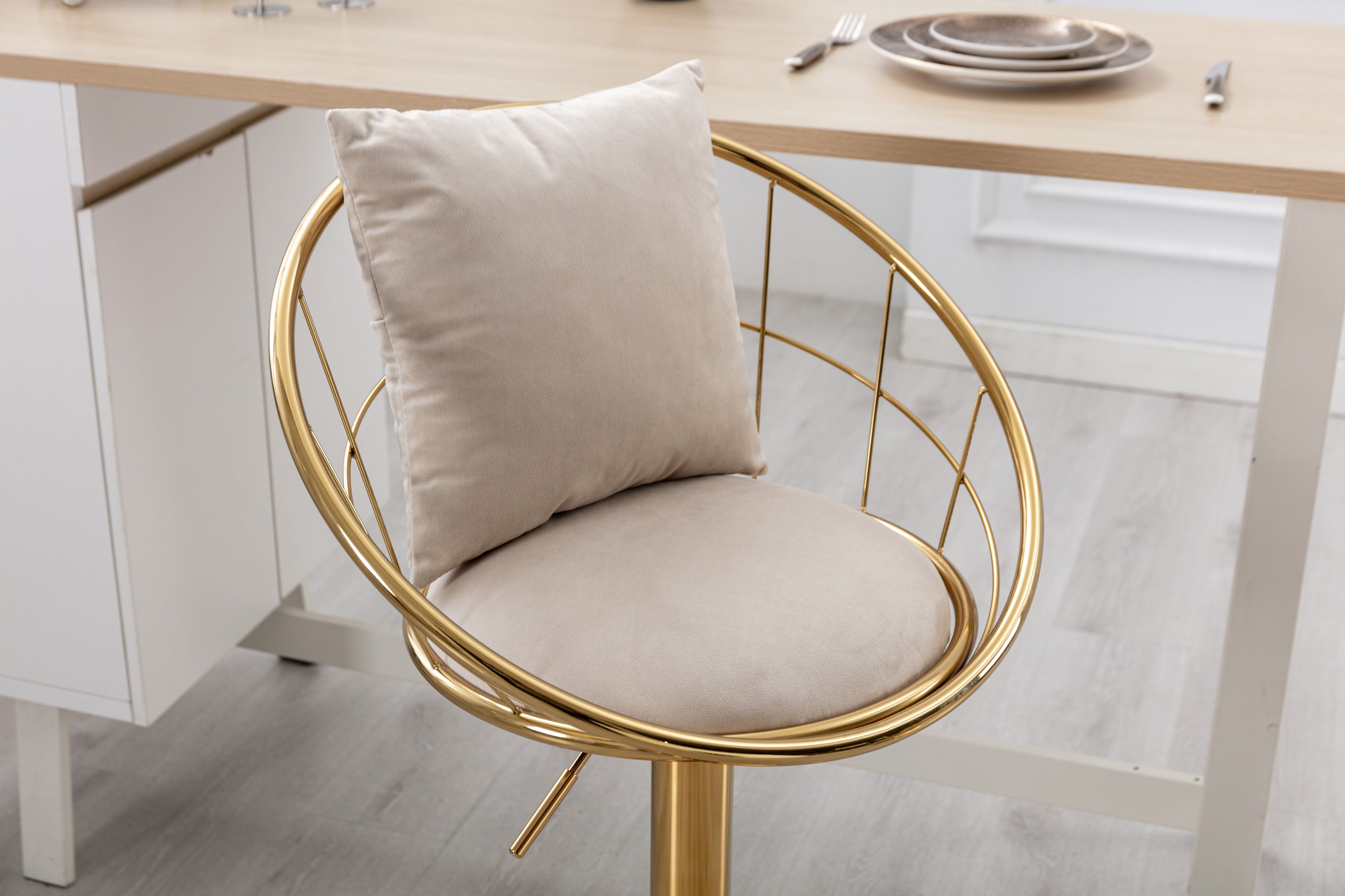 Bar Chair Pure Gold Plated Adjustable Height (Set of 2) - Off-White Velvet